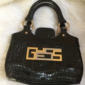 Guess Small Handbag Glossy Crocprint Black